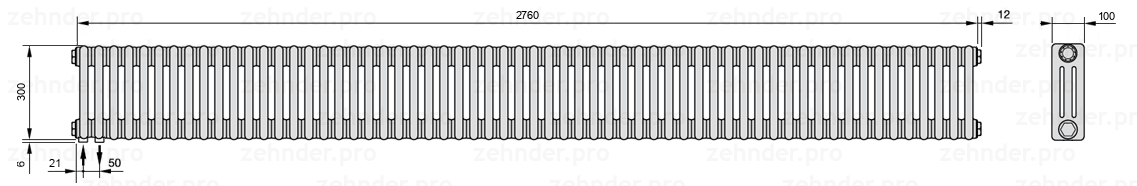 Схема (чертеж) Радиатор Zehnder Charleston 3030/60 №3370 Белый глянцевый RAL 9016